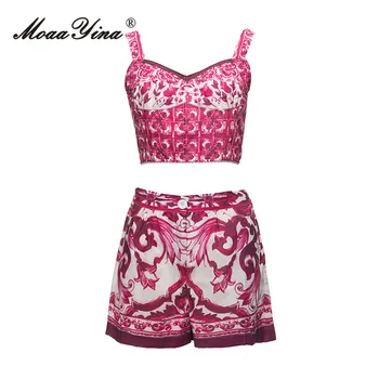 MoaaYina/ Летний дизайнерский комплект пляжных шорт с винтажным принтом, женский топ с V-образным вырезом и открытой спиной + шорты с карманами, комплект из 2 предметов