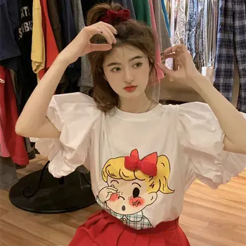 Летняя женская футболка с коротким рукавом с 3D-принтом мультяшной бабочки и рукавами-пузырями свободного покроя, Корейская одежда Kawaii