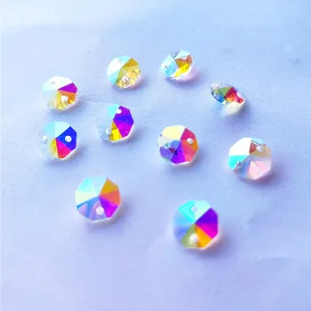 Высококачественные бусины люстры AB/ Clear 10MM Crystal Octagon в 2 отверстия Стеклянные камни для декоративного украшения занавеса/свадебного украшения