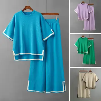 2 шт. / компл., женская футболка и брюки, раздельный свободный повседневный комплект контрастного цвета с короткими рукавами, повседневная женская летняя одежда