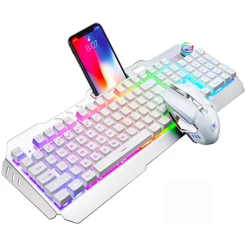 Беспроводная игровая клавиатура, 16 видов RGB LED подсветки, перезаряжаемая клавиатура-мышь с батареей 4800 мАч, металлическая панель, механический