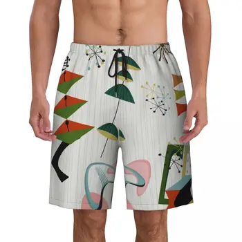 Пляжные шорты в стиле ретро эпохи Эймса в атомном стиле, быстросохнущие пляжные шорты средней длины, абстрактные геометрические плавки, купальники с принтом.