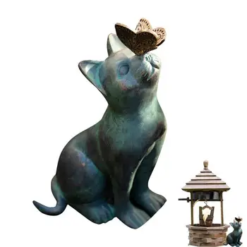 Садовая статуя кота с бабочкой, скульптура кошки-любопытства из смолы, Садовая статуя на открытом воздухе, Скульптура животного для сада на открытом воздухе