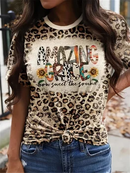 Женская футболка с леопардовым буквенным принтом, повседневная футболка с круглым вырезом и коротким рукавом, Повседневные топы на каждый день, Женская одежда
