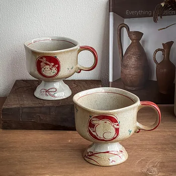 Кофейная чашка из грубой керамики, обработанная в старинной печи, High Beauty Moon Rabbit Ceramic High Leg Cup Afternoon Tea Cup