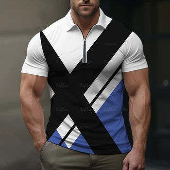 Простые мужские футболки-поло на молнии с 3D-принтом в полоску в стиле пэчворк, высококачественная мужская одежда, повседневная рубашка оверсайз с короткими рукавами