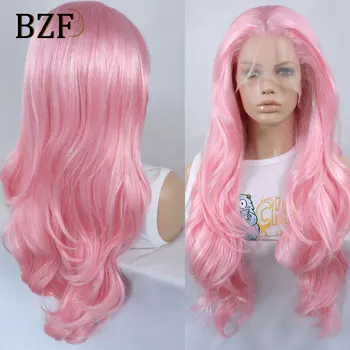 Розовые Блестящие парики, Цветной синтетический кружевной парик, косплей, Волнистые Термостойкие волосы, Бесклеевой Зеленый Синий парик для женщин 30 дюймов