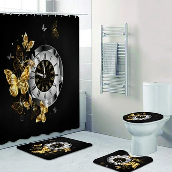 Роскошные антикварные часы в стиле стимпанк с летающими золотыми украшениями-бабочками, набор занавесок для душа в ванной, коврики для унитаза, декор